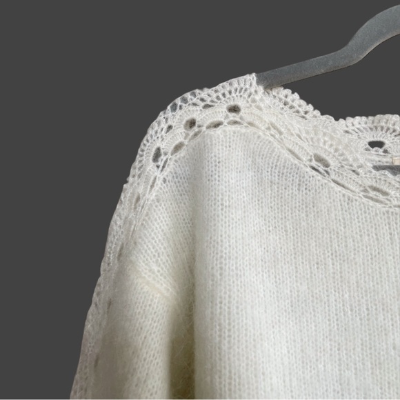 SEZANE Ecru Cream Mohair Wool Scalloped Lace Panel Balloon Sleeve Stacy Sweater - Picture 7 of 17